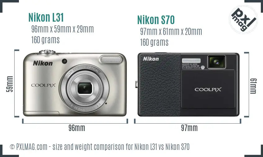 Nikon L31 vs Nikon S70 size comparison