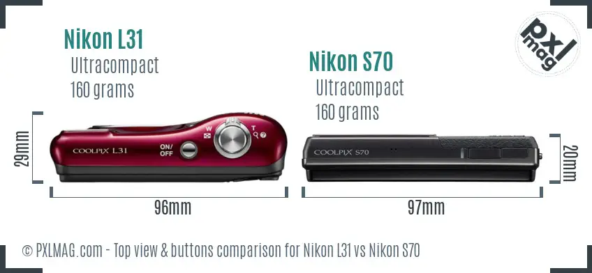 Nikon L31 vs Nikon S70 top view buttons comparison