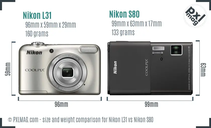 Nikon L31 vs Nikon S80 size comparison