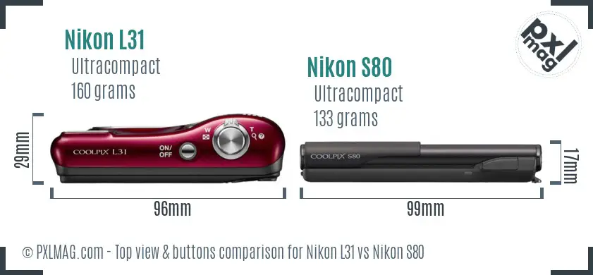 Nikon L31 vs Nikon S80 top view buttons comparison