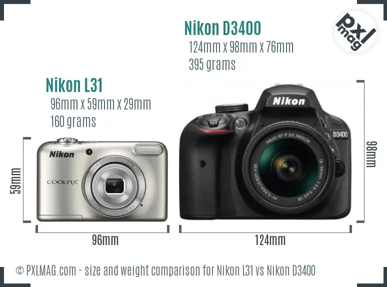Nikon L31 vs Nikon D3400 size comparison