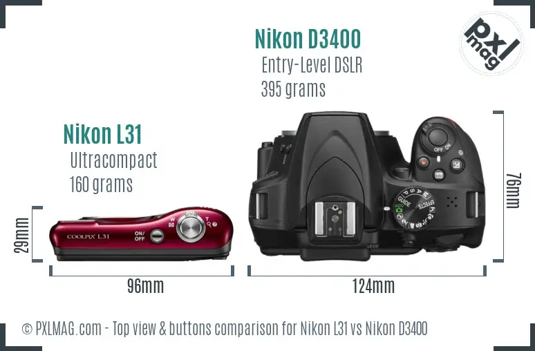 Nikon L31 vs Nikon D3400 top view buttons comparison
