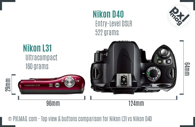 Nikon L31 vs Nikon D40 top view buttons comparison