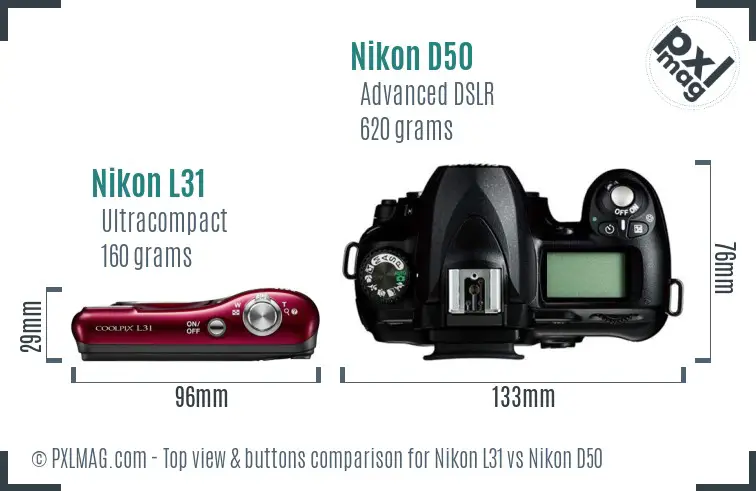 Nikon L31 vs Nikon D50 top view buttons comparison