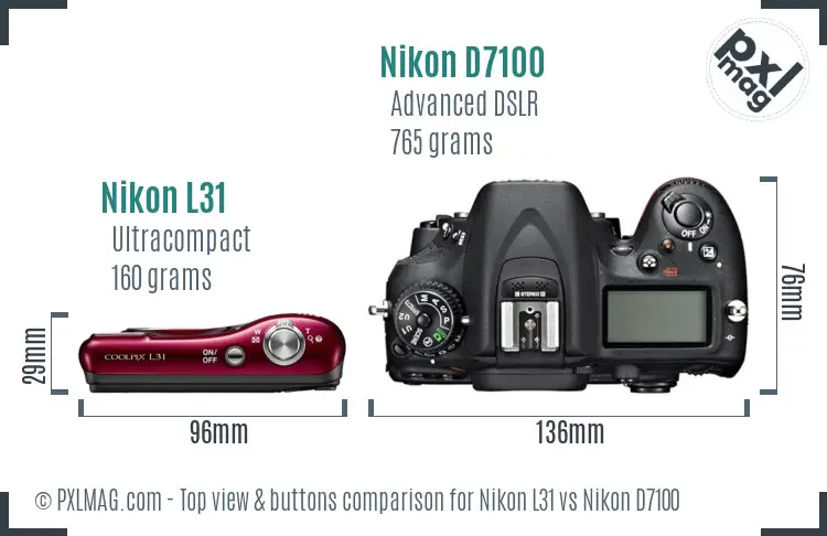 Nikon L31 vs Nikon D7100 top view buttons comparison