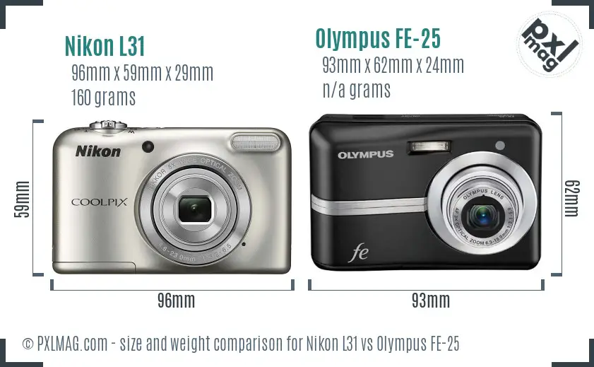 Nikon L31 vs Olympus FE-25 size comparison