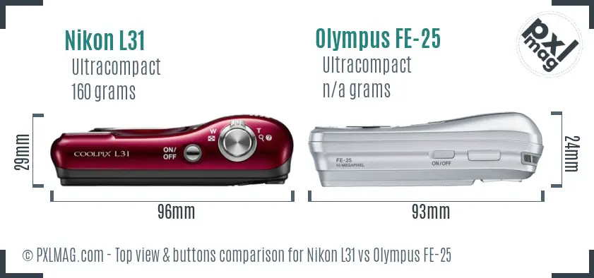 Nikon L31 vs Olympus FE-25 top view buttons comparison