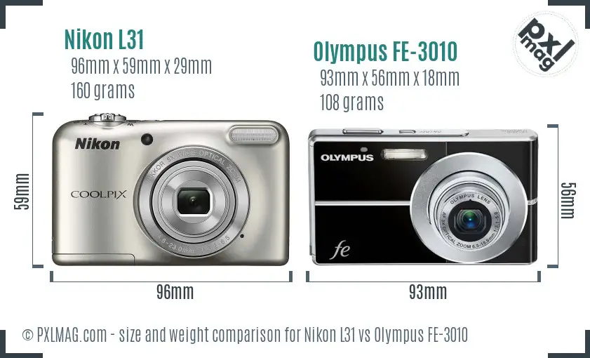 Nikon L31 vs Olympus FE-3010 size comparison