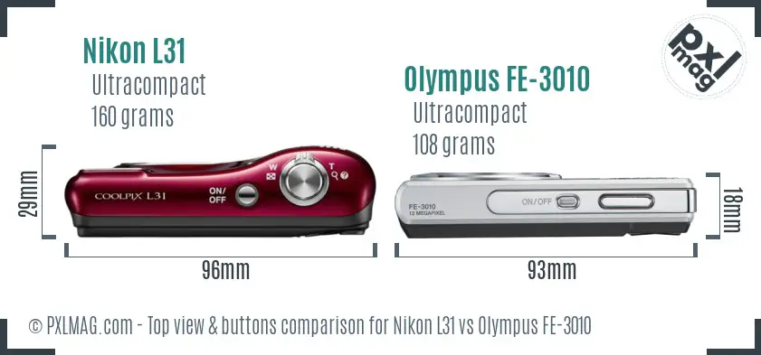 Nikon L31 vs Olympus FE-3010 top view buttons comparison