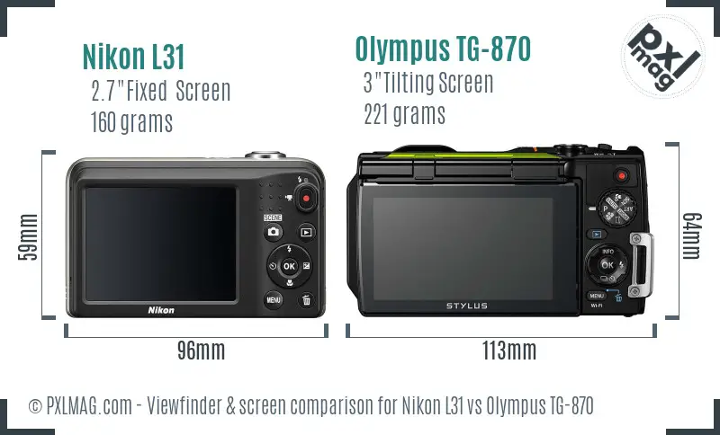Nikon L31 vs Olympus TG-870 Screen and Viewfinder comparison