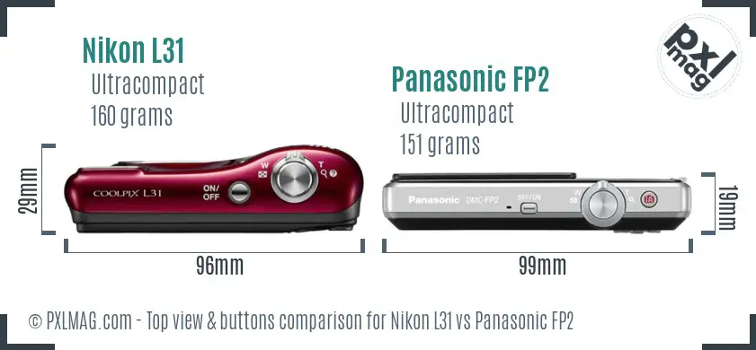 Nikon L31 vs Panasonic FP2 top view buttons comparison