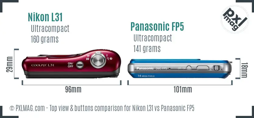 Nikon L31 vs Panasonic FP5 top view buttons comparison