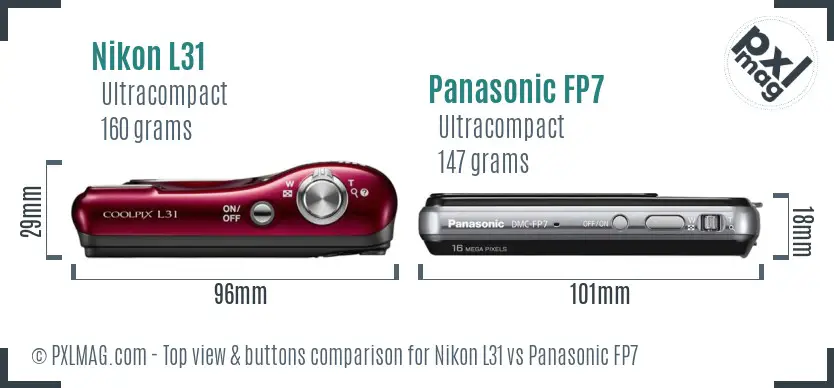 Nikon L31 vs Panasonic FP7 top view buttons comparison