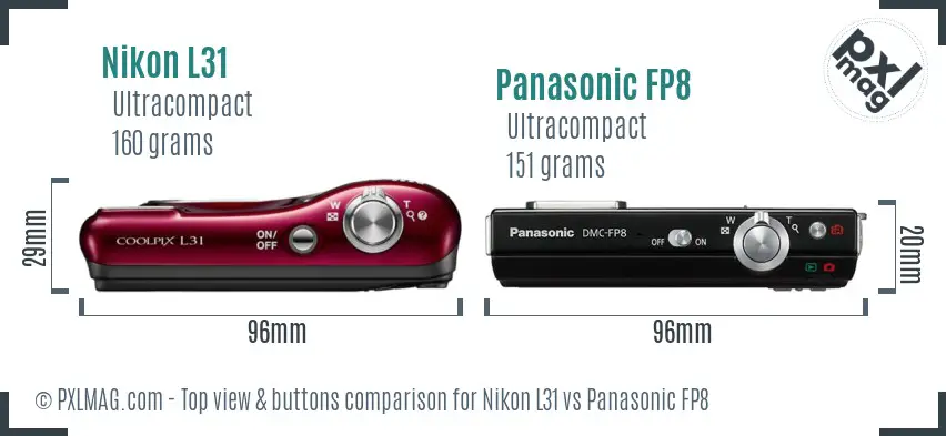 Nikon L31 vs Panasonic FP8 top view buttons comparison