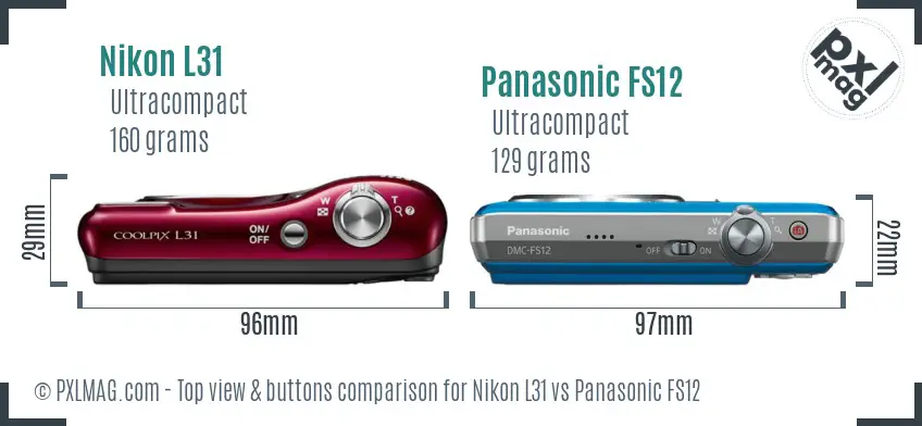 Nikon L31 vs Panasonic FS12 top view buttons comparison