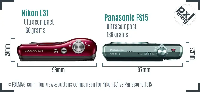 Nikon L31 vs Panasonic FS15 top view buttons comparison