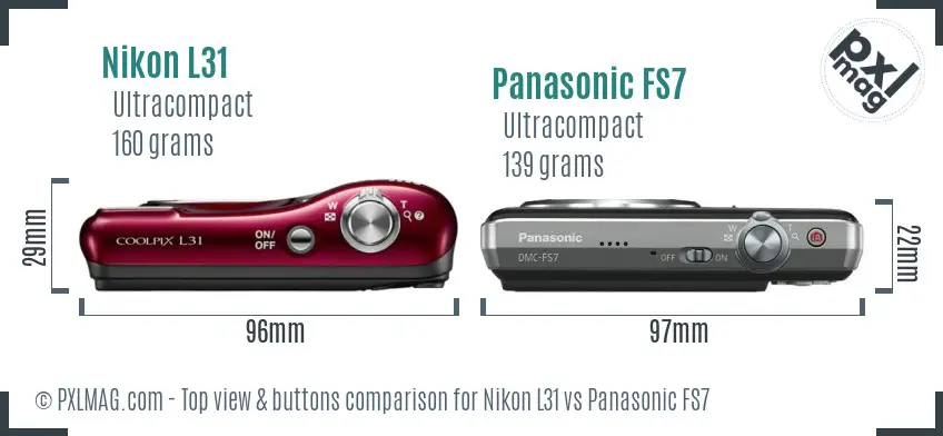 Nikon L31 vs Panasonic FS7 top view buttons comparison