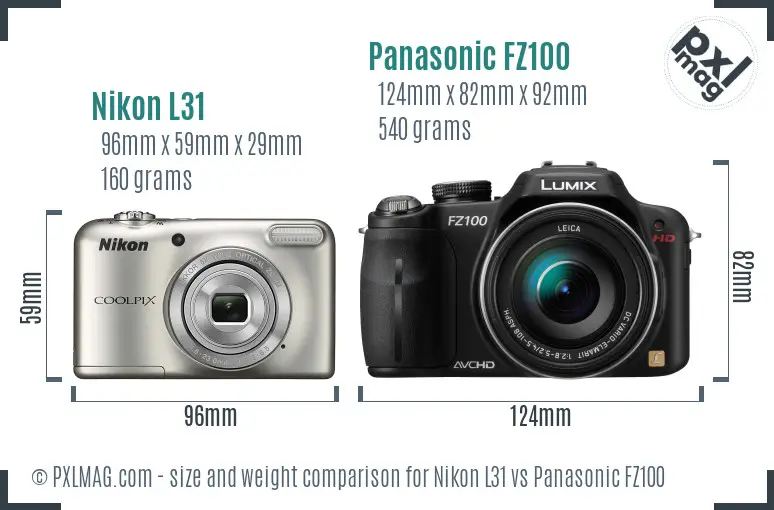 Nikon L31 vs Panasonic FZ100 size comparison