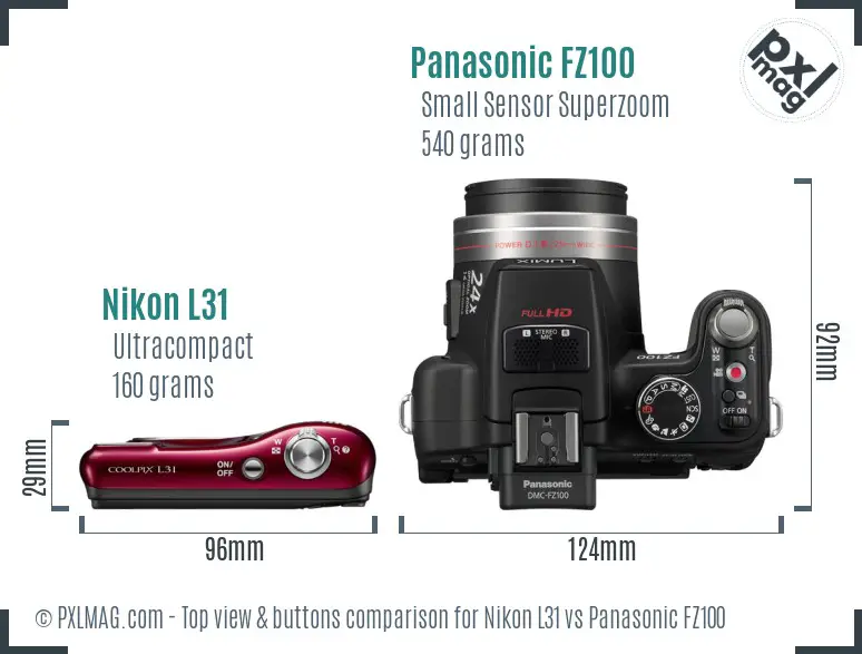 Nikon L31 vs Panasonic FZ100 top view buttons comparison