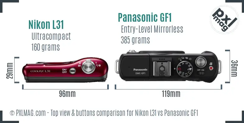 Nikon L31 vs Panasonic GF1 top view buttons comparison
