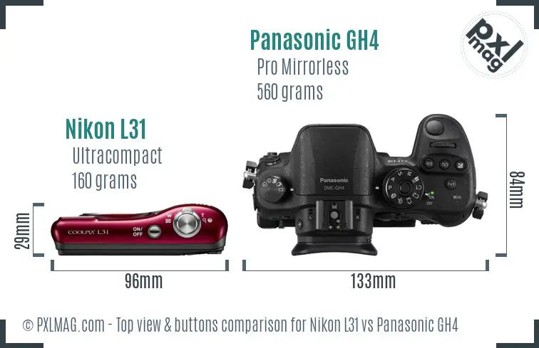 Nikon L31 vs Panasonic GH4 top view buttons comparison