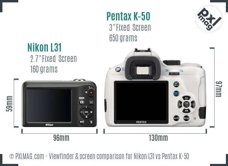 Nikon L31 vs Pentax K-50 Screen and Viewfinder comparison