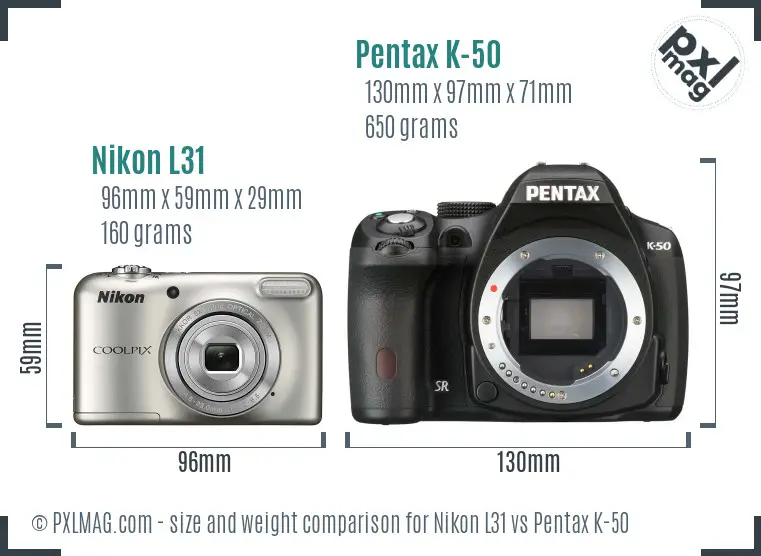 Nikon L31 vs Pentax K-50 size comparison