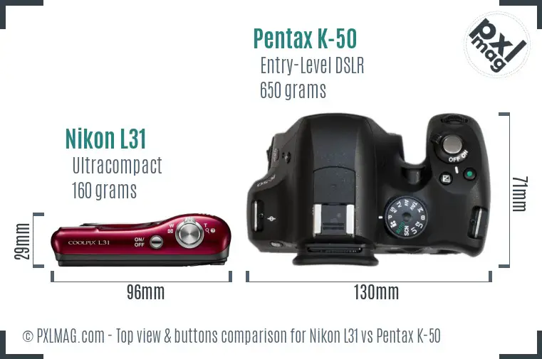 Nikon L31 vs Pentax K-50 top view buttons comparison