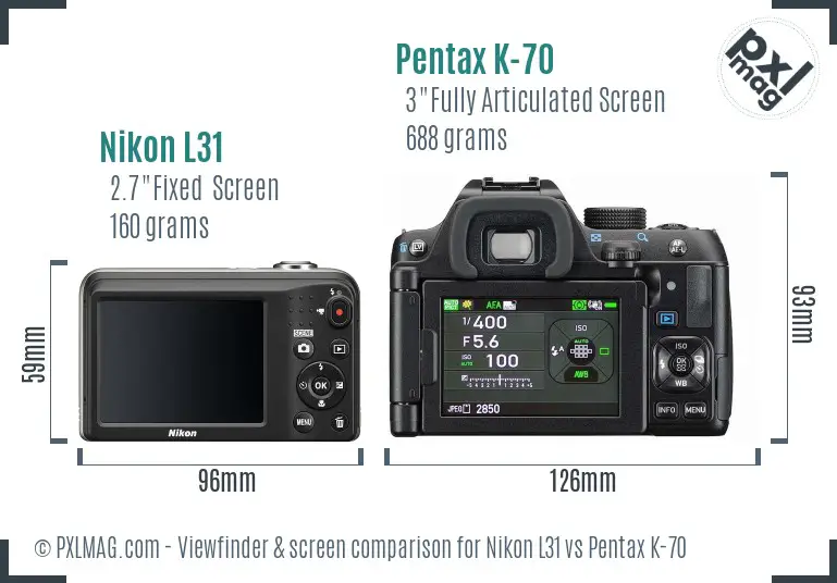 Nikon L31 vs Pentax K-70 Screen and Viewfinder comparison