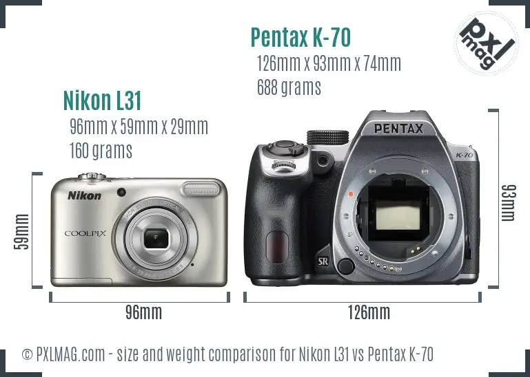 Nikon L31 vs Pentax K-70 size comparison