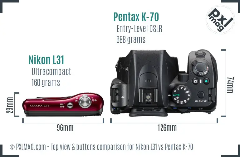 Nikon L31 vs Pentax K-70 top view buttons comparison