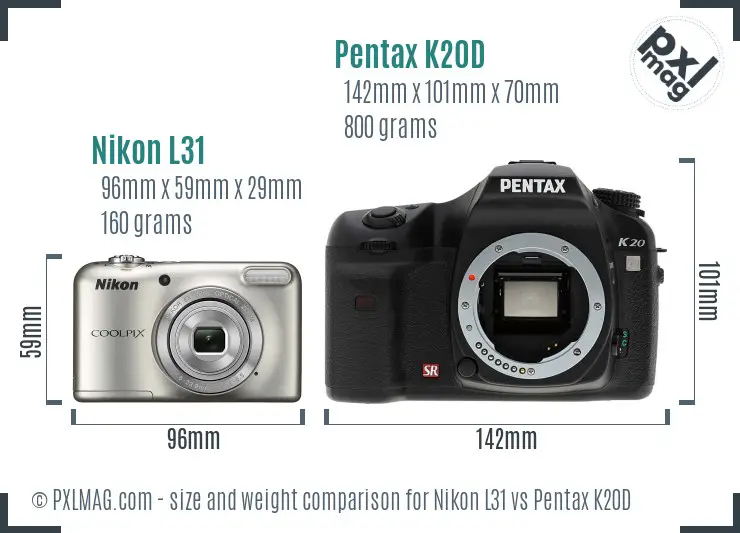 Nikon L31 vs Pentax K20D size comparison