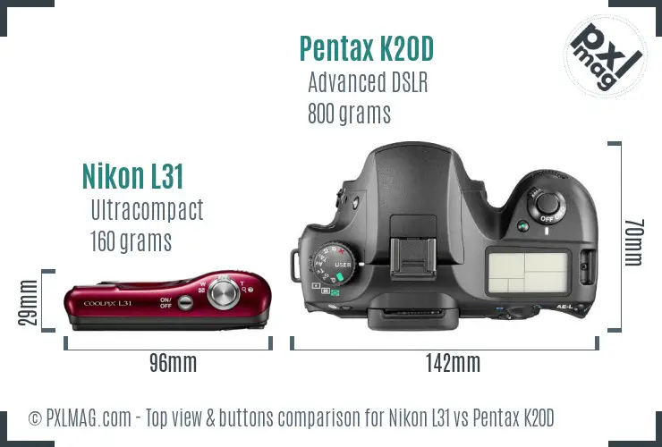 Nikon L31 vs Pentax K20D top view buttons comparison