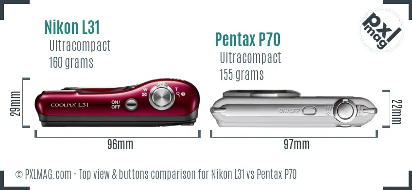 Nikon L31 vs Pentax P70 top view buttons comparison