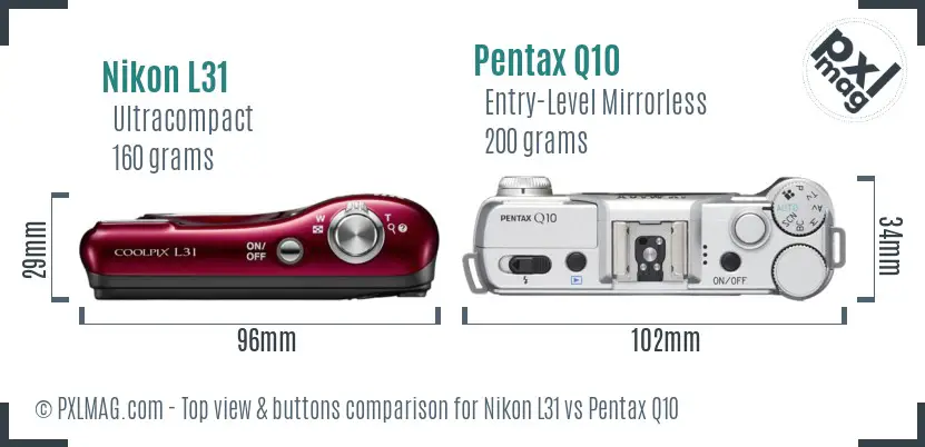 Nikon L31 vs Pentax Q10 top view buttons comparison
