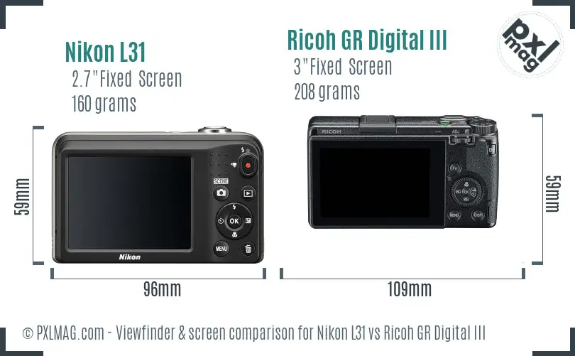 Nikon L31 vs Ricoh GR Digital III Screen and Viewfinder comparison
