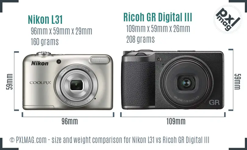Nikon L31 vs Ricoh GR Digital III size comparison