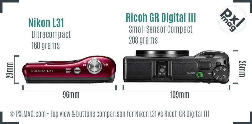 Nikon L31 vs Ricoh GR Digital III top view buttons comparison