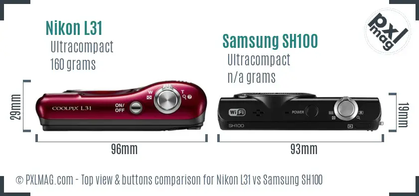 Nikon L31 vs Samsung SH100 top view buttons comparison