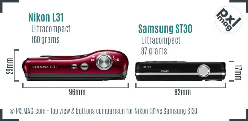 Nikon L31 vs Samsung ST30 top view buttons comparison