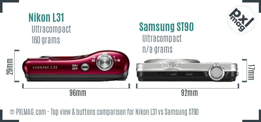 Nikon L31 vs Samsung ST90 top view buttons comparison Nikon L31 vs Samsung ST90 top view buttons comparison