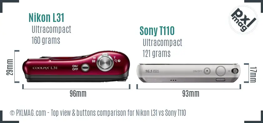 Nikon L31 vs Sony T110 top view buttons comparison