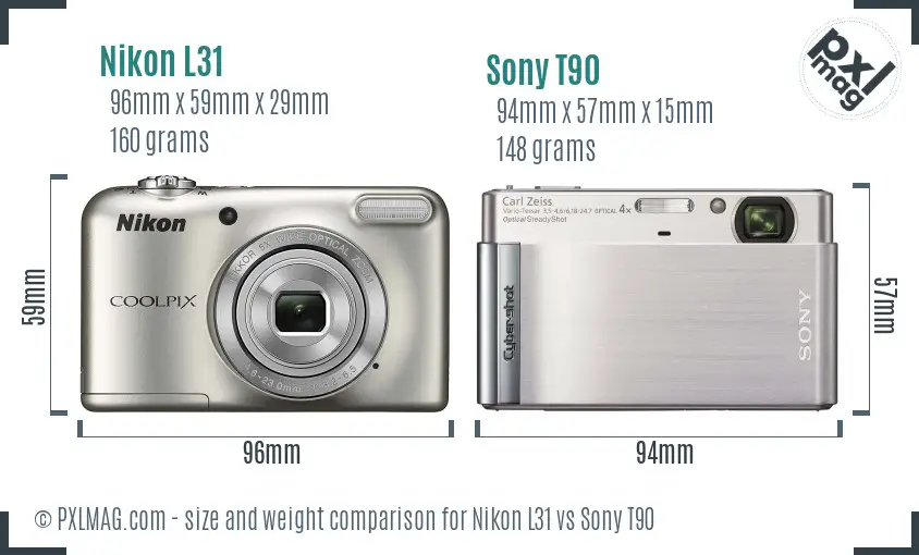 Nikon L31 vs Sony T90 size comparison