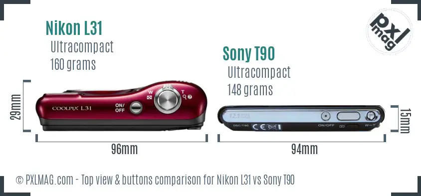 Nikon L31 vs Sony T90 top view buttons comparison