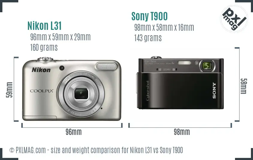 Nikon L31 vs Sony T900 size comparison