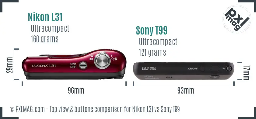 Nikon L31 vs Sony T99 top view buttons comparison