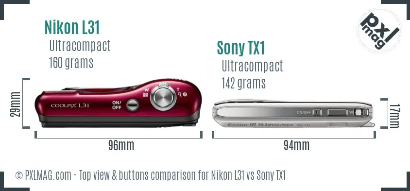 Nikon L31 vs Sony TX1 top view buttons comparison