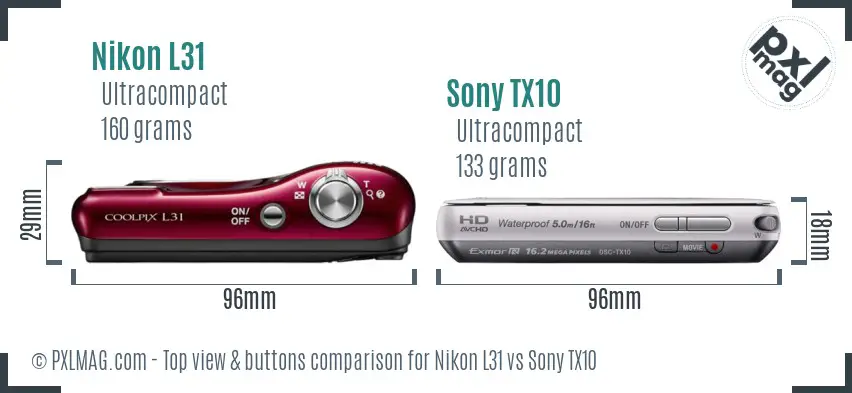 Nikon L31 vs Sony TX10 top view buttons comparison