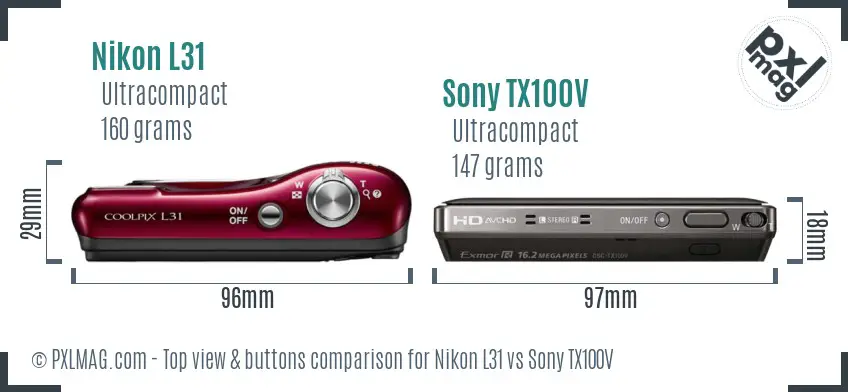 Nikon L31 vs Sony TX100V top view buttons comparison