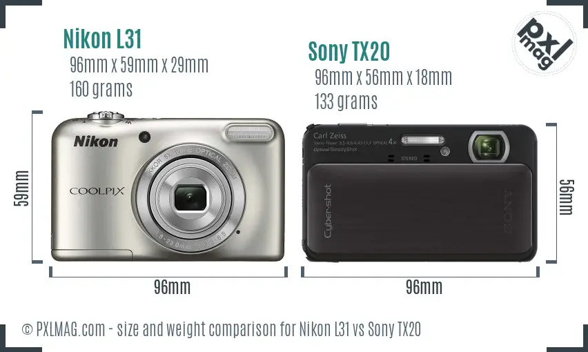 Nikon L31 vs Sony TX20 size comparison